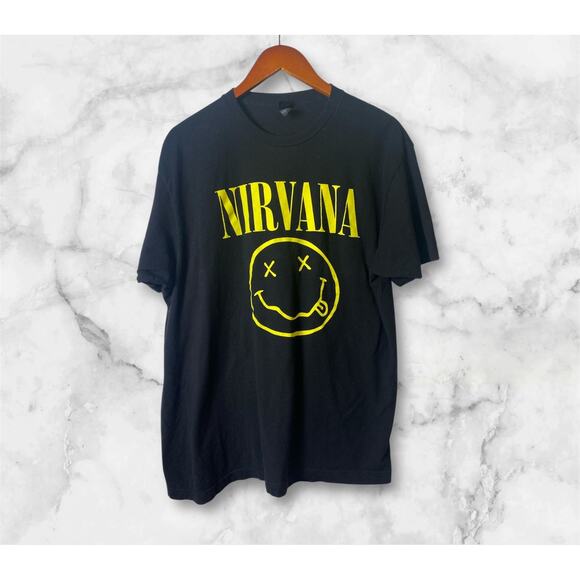 Nirvana Men's Black with Yellow Smiley Face Logo Band T-Shirt Size X-Large - Picture 1 of 7